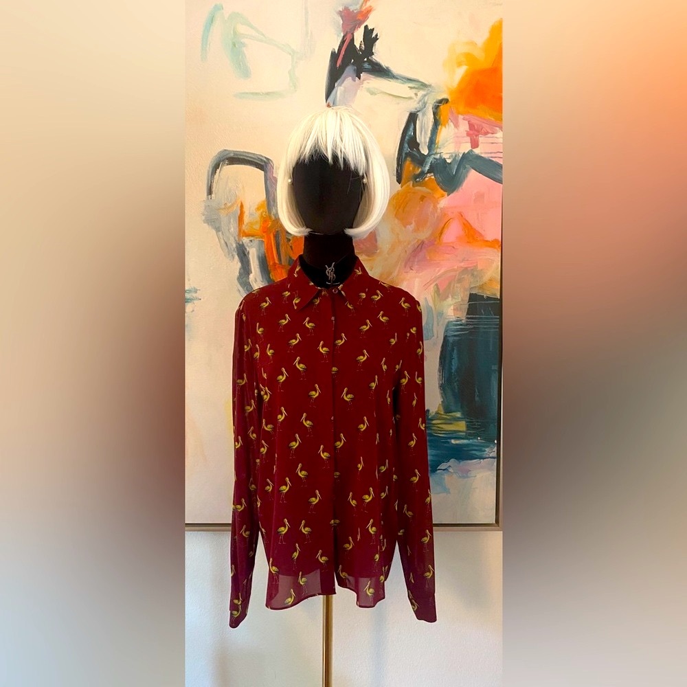 Alice + Olivia Silk Burgundy Shirt with Yellow Bird Print NWT.
